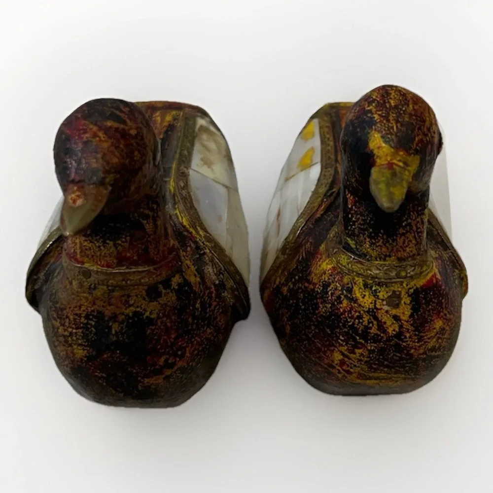 Vtg Set 2 Wood Handcarved Duck w/Brass & Pearl Decorative Inlays Charles Marcak